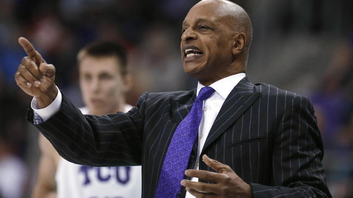 TCU coach Trent Johnson gives instruction to his players during the first half of Saturday’s game against Texas. The Horned Frogs visit Baylor on Wednesday night coming off a 58-57 victory against Texas.