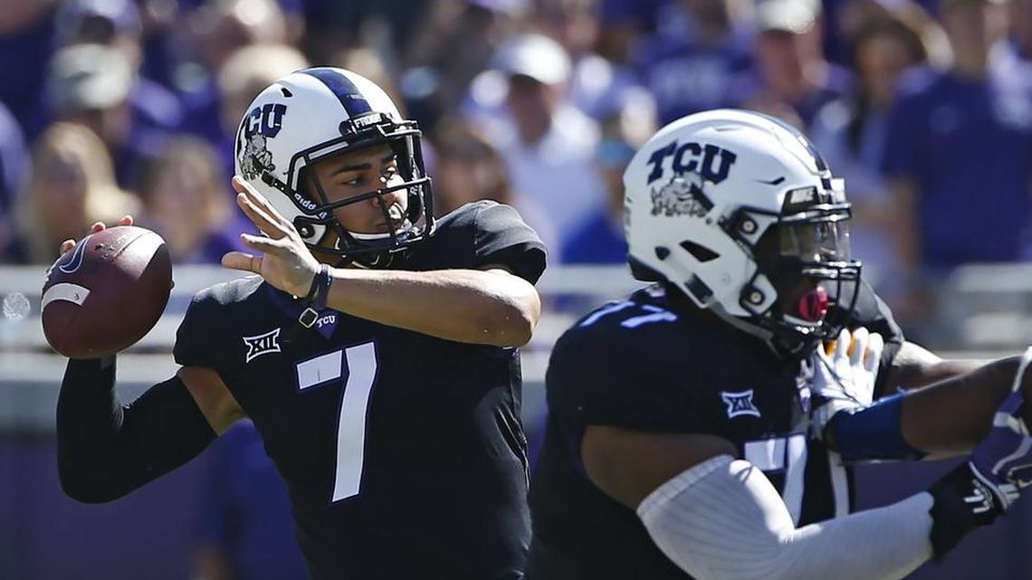 TCU quarterback Kenny Hill drops back to throw against West Virginia in an Oct. 7 game at Amon G. Carter Stadium.