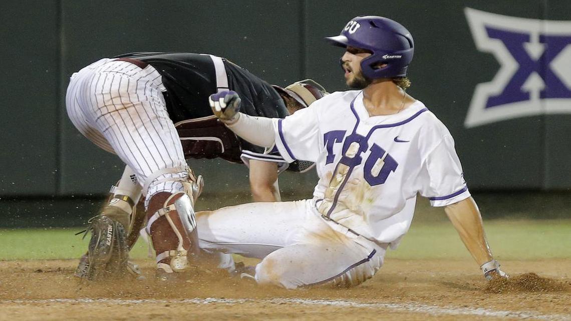 
TCU’s Garrett Crain reacts as he slides across the plate with the winning run in the 16th inning against Texas A&M. The play sent the Horned Frogs to the College World Series, but third base coach Bill Mosiello promised to use it as a teaching moment about the possibility of being too aggressive.
