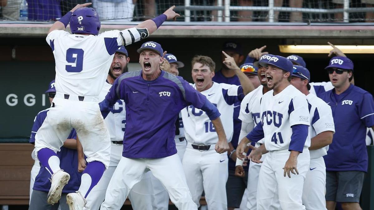 TCU catcher Evan Skoug (9) is greeted by teammates following his go-ahead homer in the eighth inning against Missouri State. Among the players reacting are Brian Howard (purple), Connor Wanhanen (back) and Jared Janczak (41).