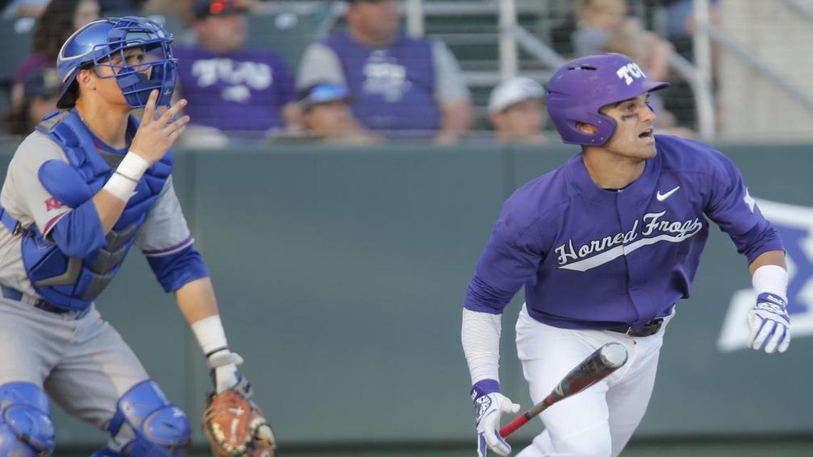 TCU hitter Ryan Merrill follows the flight of an RBI hit against Kansas on March 18 at Lupton Stadium. The senior shortstop drove in four runs in the series.