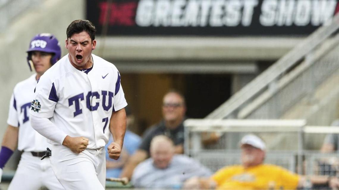 TCU’s Josh Watson, shown here reacting to a safe call at the plate on his slide in the second inning against Louisville in the College World Series in June, leads the Horned Frogs with a .448 batting average, eight RBIs and two home runs early in the 2018 season.