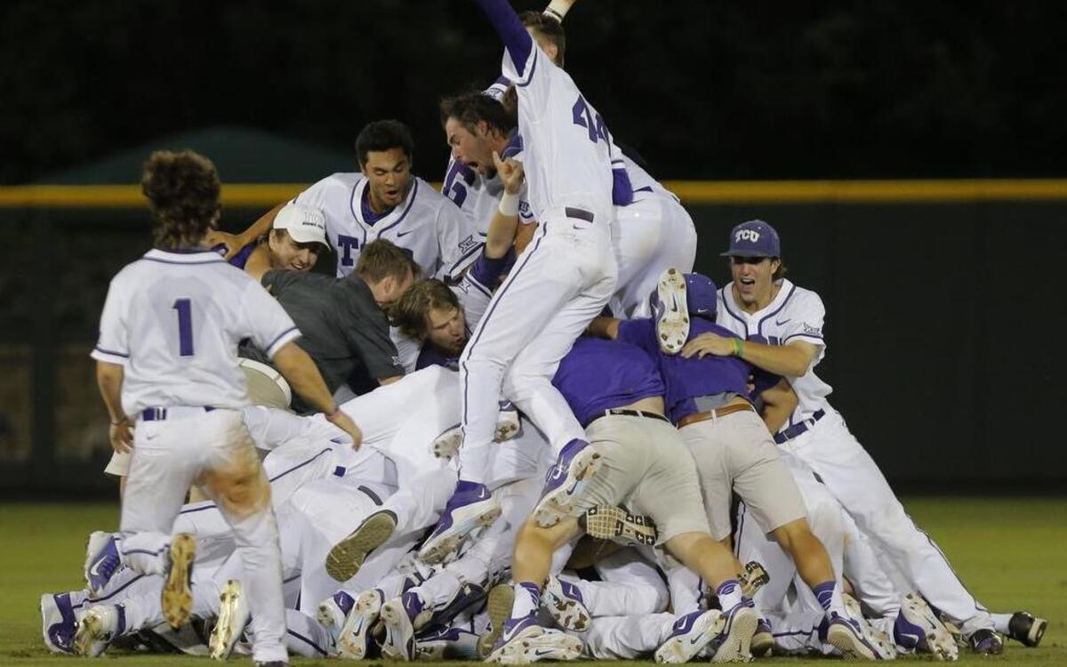 
The Horned Frogs dogpile on the field at Lupton Stadium to celebrate a 5-4 victory in 16 innings against Texas A&M. The win in Game 3 of a Super Regional series sent TCU to the College World Series for a second consecutive season.
