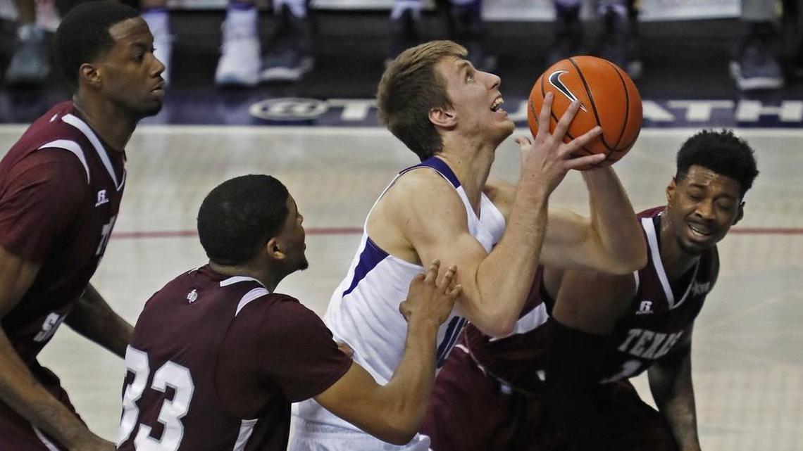 TCU Horned Frogs forward Vladimir Brodziansky (10) looks to shoot after grabbing a rebound in the second half as TCU beats Texas Southern 91-72 in Fort Worth on Monday.