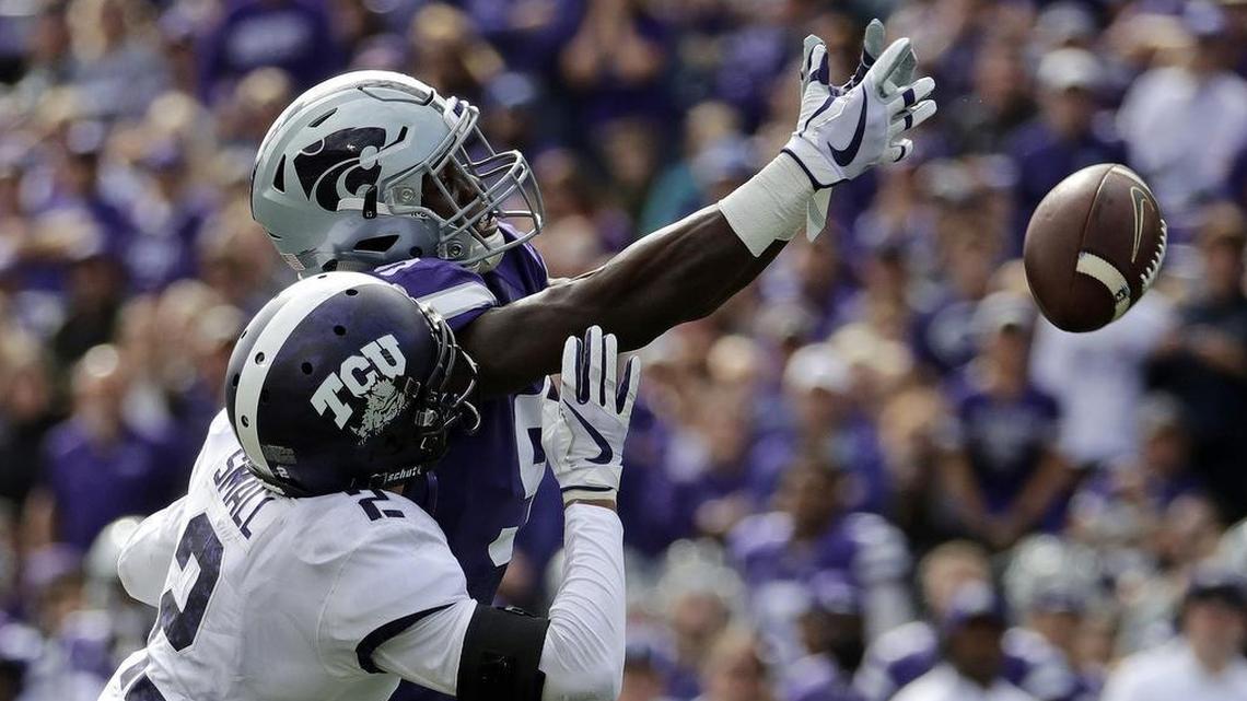 TCU safety Niko Small breaks up a pass intended for Kansas State’s Byron Pringle in first-half action. The Horned Frogs limited KSU to 71 yards in the first half Saturday at Bill Snyder Family Stadium.
