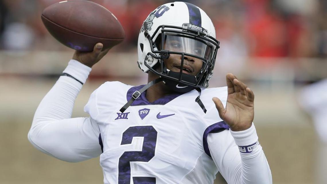 
TCU quarterback Trevone Boykin throws during warm-ups ahead of Saturday’s game against Texas Tech. He threw for almost 300 yards in the first half.
