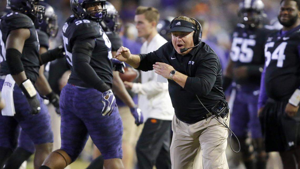 TCU head coach Gary Patterson yells at one of his players during the second quarter of an NCAA college football game against the Oklahoma State in Fort Worth, Texas, Saturday, Nov. 24, 2018.