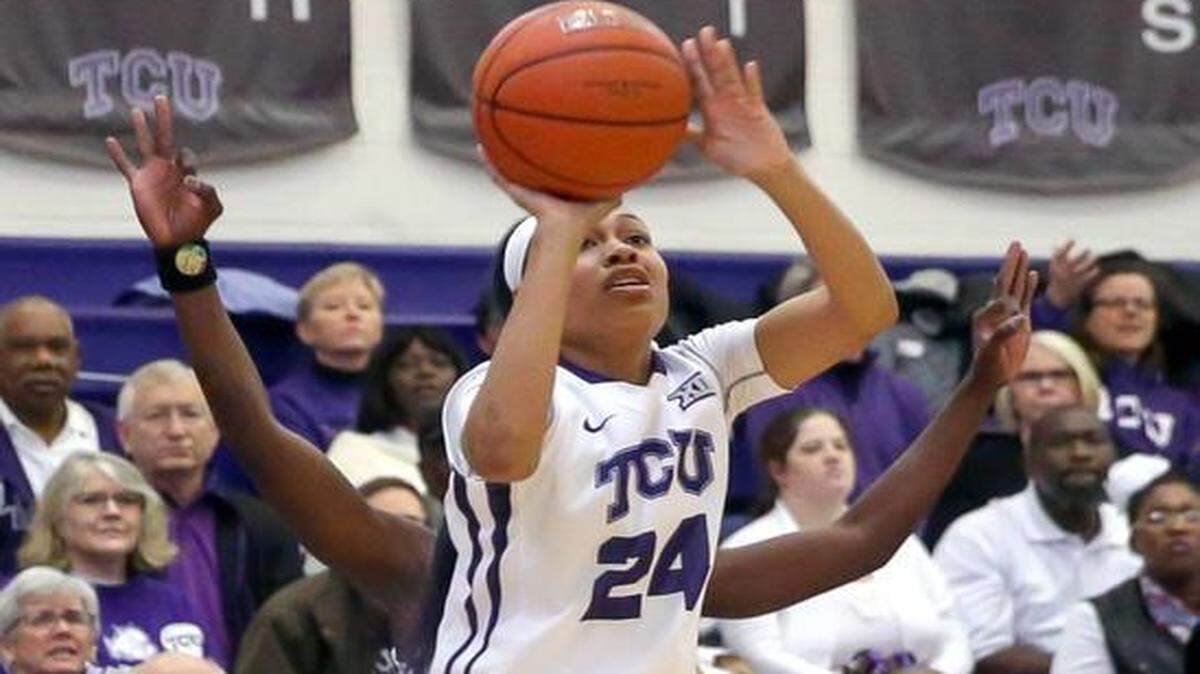 
TCU guard Natalie Ventress (24) attempts a 3-pointer against Kansas State during the 2nd half Saturday afternoon, February 28, 2015 played at the University Recreation Center. 
