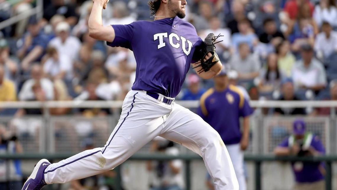 TCU pitcher Mitchell Traver throws in the first inning of a College World Series game against LSU last season. He was scheduled to start the season opener for the Horned Frogs on Friday, but a muscle strain has him sidelined four to six weeks.