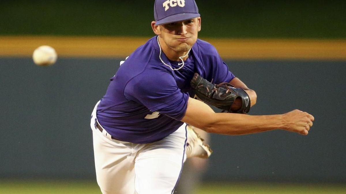 TCU reliever Preston Guillory works in the seventh inning against Kansas State. He pitched 3 2/3 shutout innings, his longest outing of the season, to keep a 2-1 lead in the Horned Frogs’ victory.
