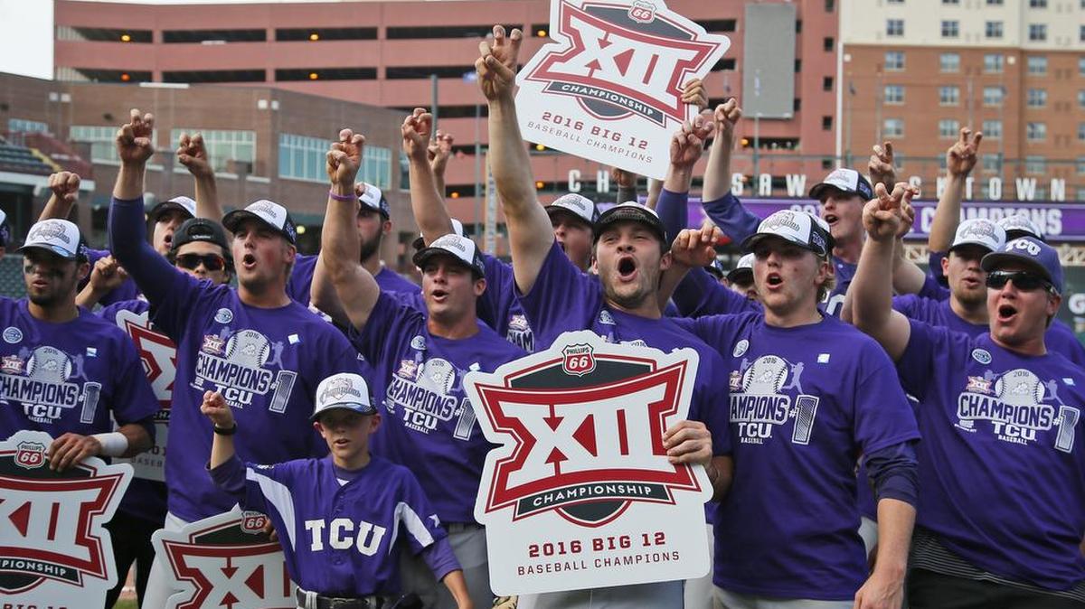 The TCU baseball team celebrates winning the Big 12 tournament championship Sunday at Chickasaw Bricktown Ballpark. The Horned Frogs’ 11-10 victory in 10 innings against West Virginia completed a record run through the tournament.