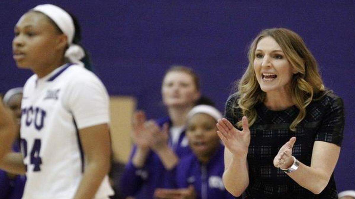
TCU coach Raegan Pebley, right, led the Horned Frogs to a tie for third place in the Big 12. 
