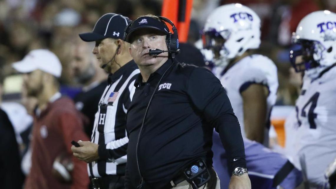 TCU coach Gary Patterson looks at the video board at Gaylor Family Oklahoma Memorial Stadium during the Nov. 11 game against Oklahoma. The Horned Frogs took two losses against the Sooners in 2017.