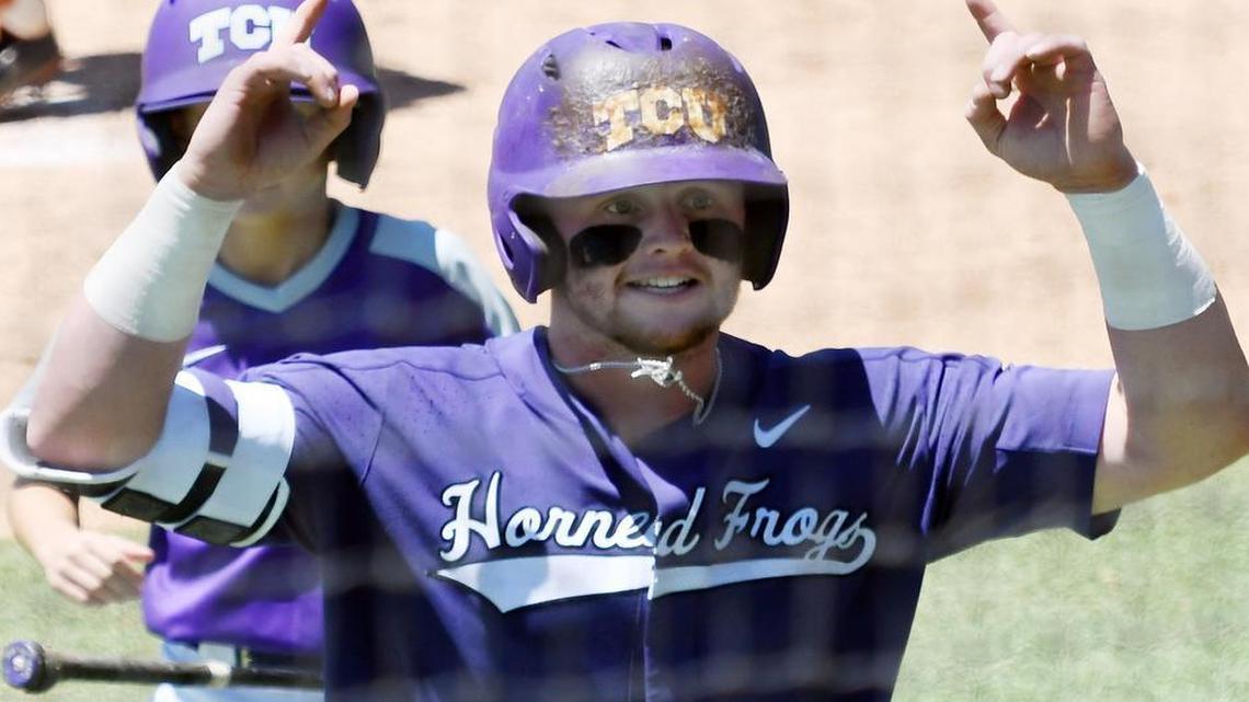TCU's Evan Skoug celebrated a home run against Texas last weekend. On Friday, Skoug doubled twice to help lead the Horned Frogs to a wild 9-6 victory over the Oklahoma Sooners.