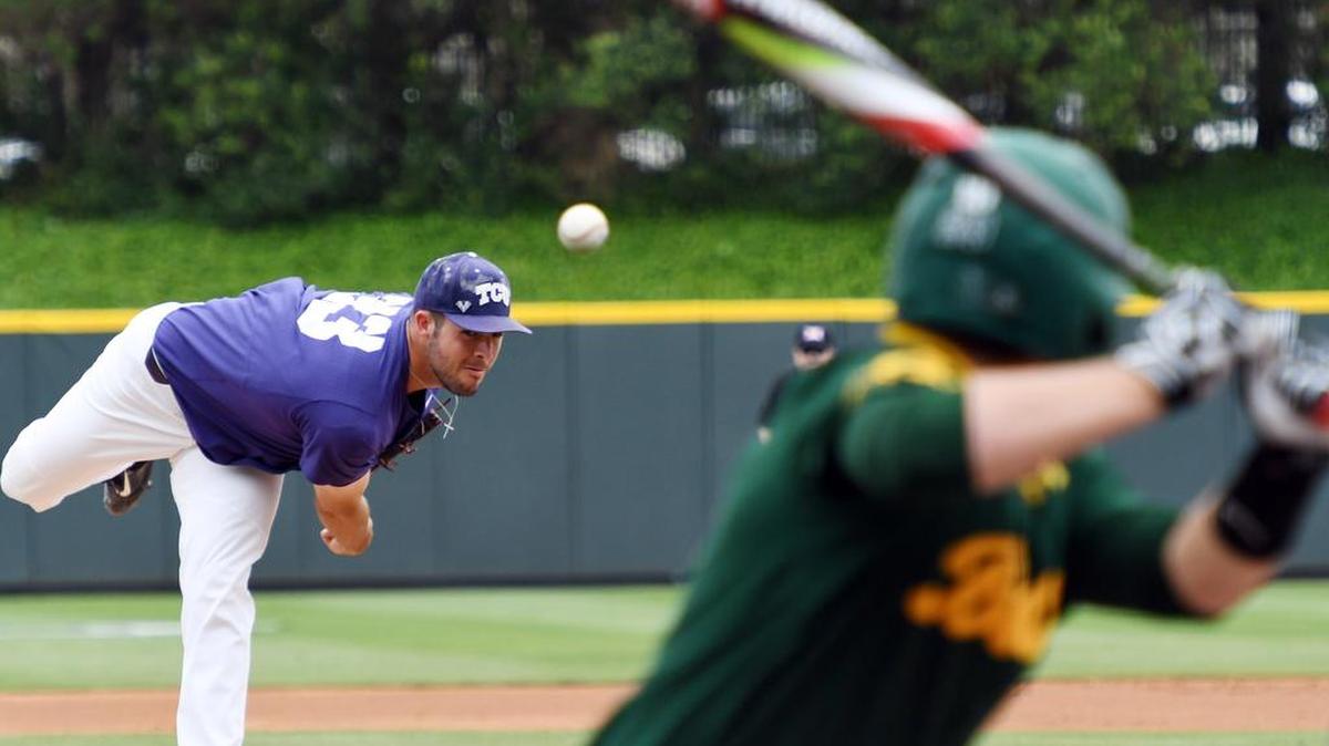 TCU pitcher Mitchell Traver delivers in the first inning of an April 22 start against Baylor at Lupton Stadium.