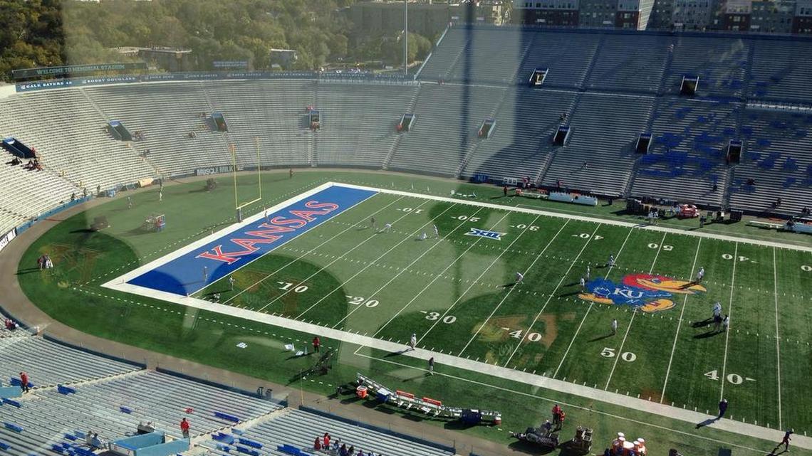 The view from the press box at Memorial Stadium in Lawrence, Kan., where TCU will face the Jayhawks.