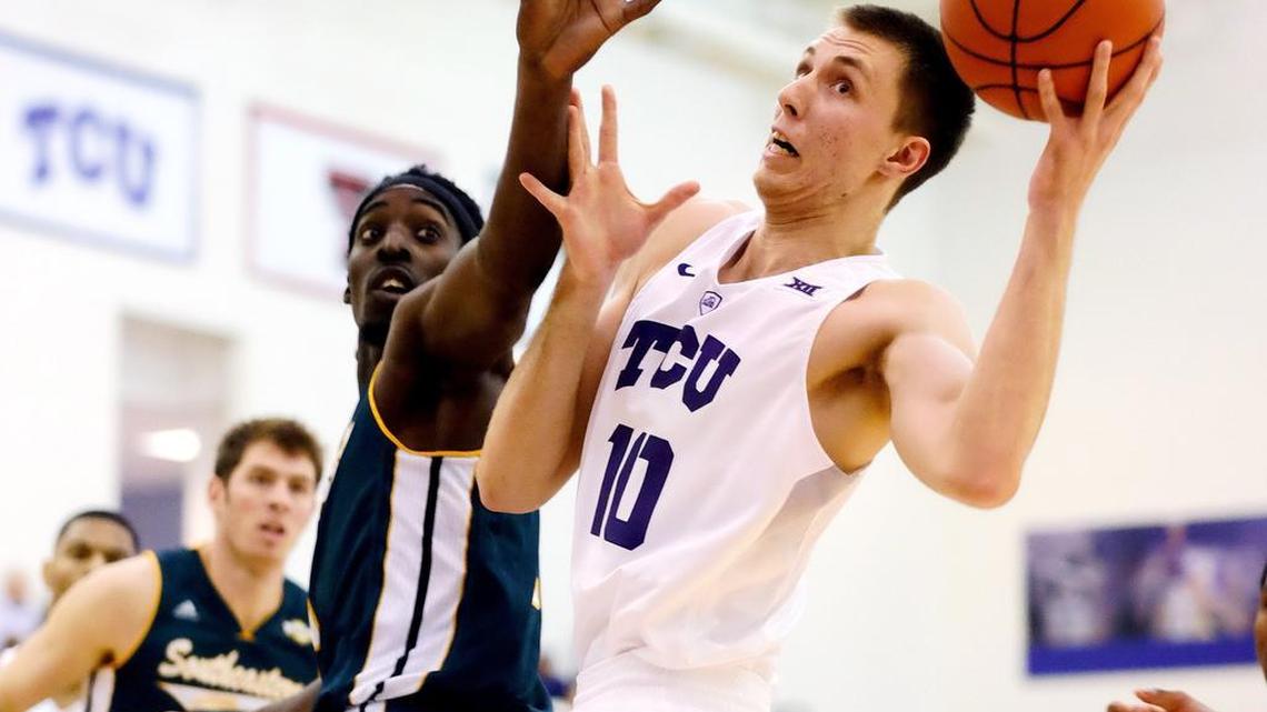TCU sophomore forward Vladimir Brodziansky, right, had 19 points and 10 rebounds in his first game with the Frogs.