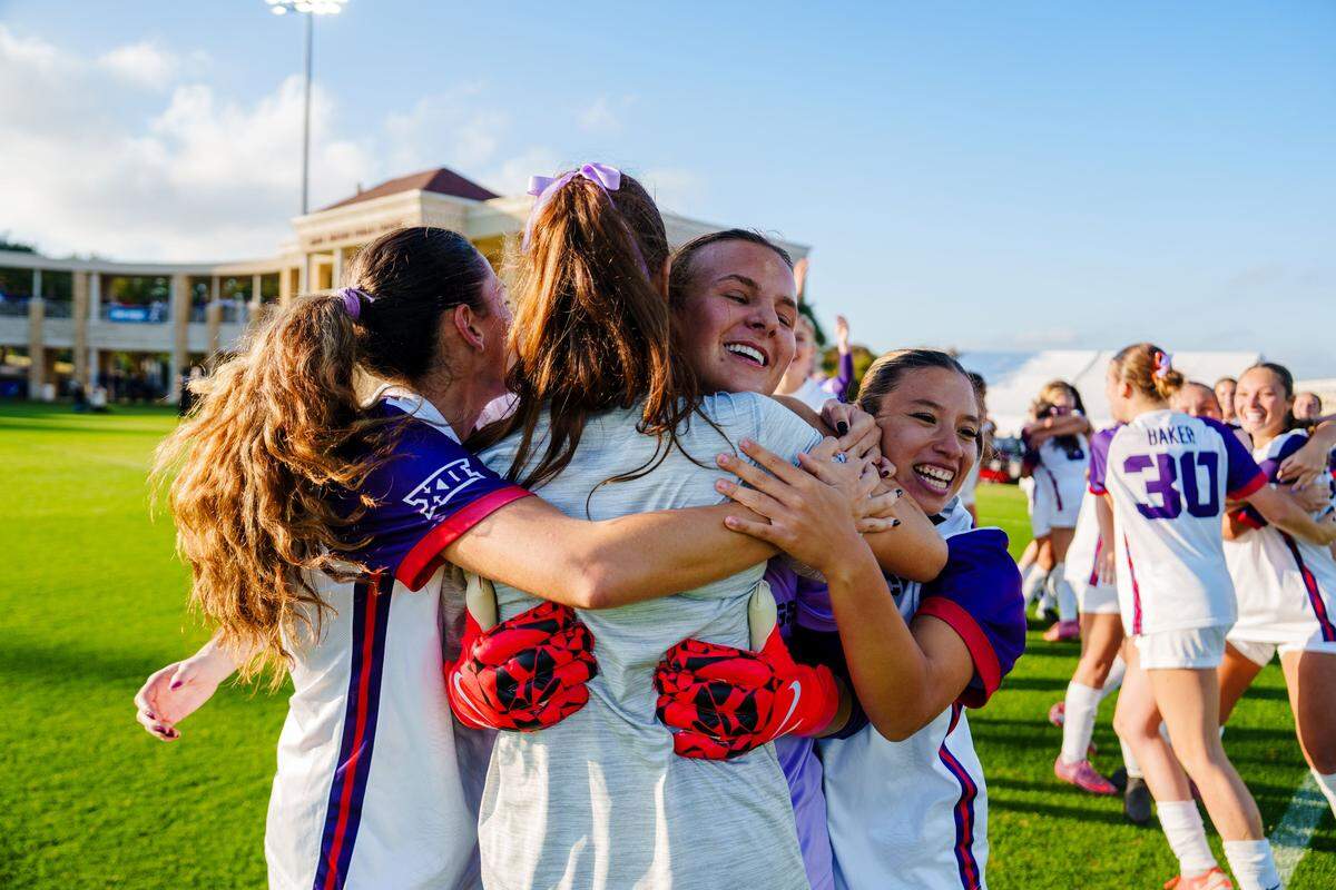 TCU women’s soccer players celebrate after a victory over North Carolina in an NCAA Tournament third-round match Nov. 24 at Garvey-Rosenthal Soccer Stadium in Fort Worth.