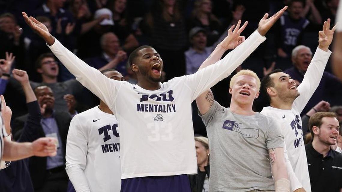 TCU players celebrate during the second half of Tuesday’s victory over Central Florida in the NIT semifinals in New York.
