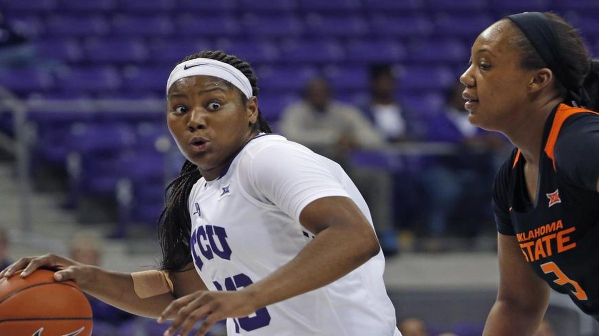 TCU’s Amy Okonkwo, left, driving against Oklahoma State's Mandy Coleman in a game Jan. 4, scored 13 points in the Horned Frogs’ loss at Kansas State on Wednesday. Okonkwo averages 10.6 points and 5.3 rebounds a game.
