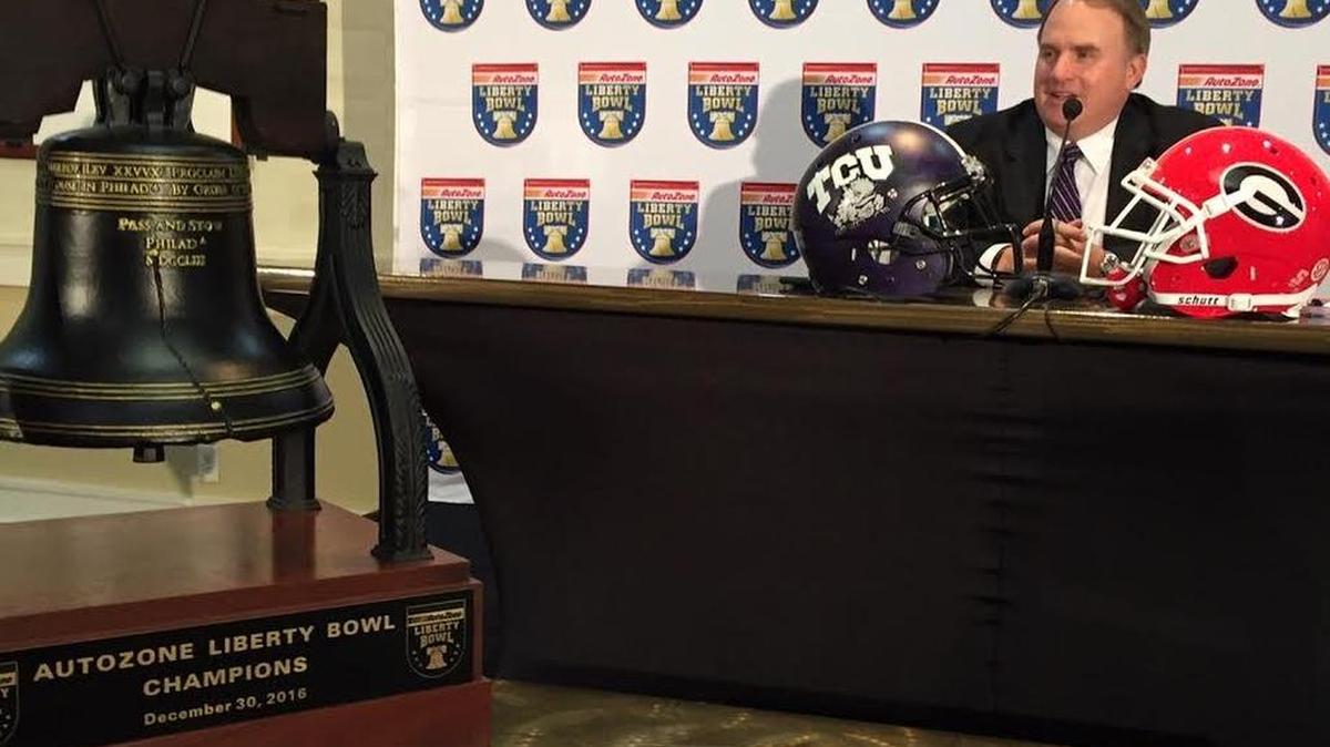 TCU coach Gary Patterson takes questions during a press conference Thursday in Memphis. He said bowl games remain “one of the greatest rewards” a college athlete can have.