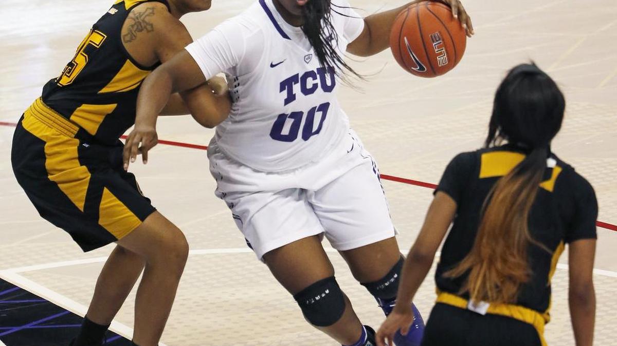 TCU forward Amy Okonkwo, center, came off the bench to lead the Frogs with 18 points on 8-of-8 shooting Tuesday against Grambling State.