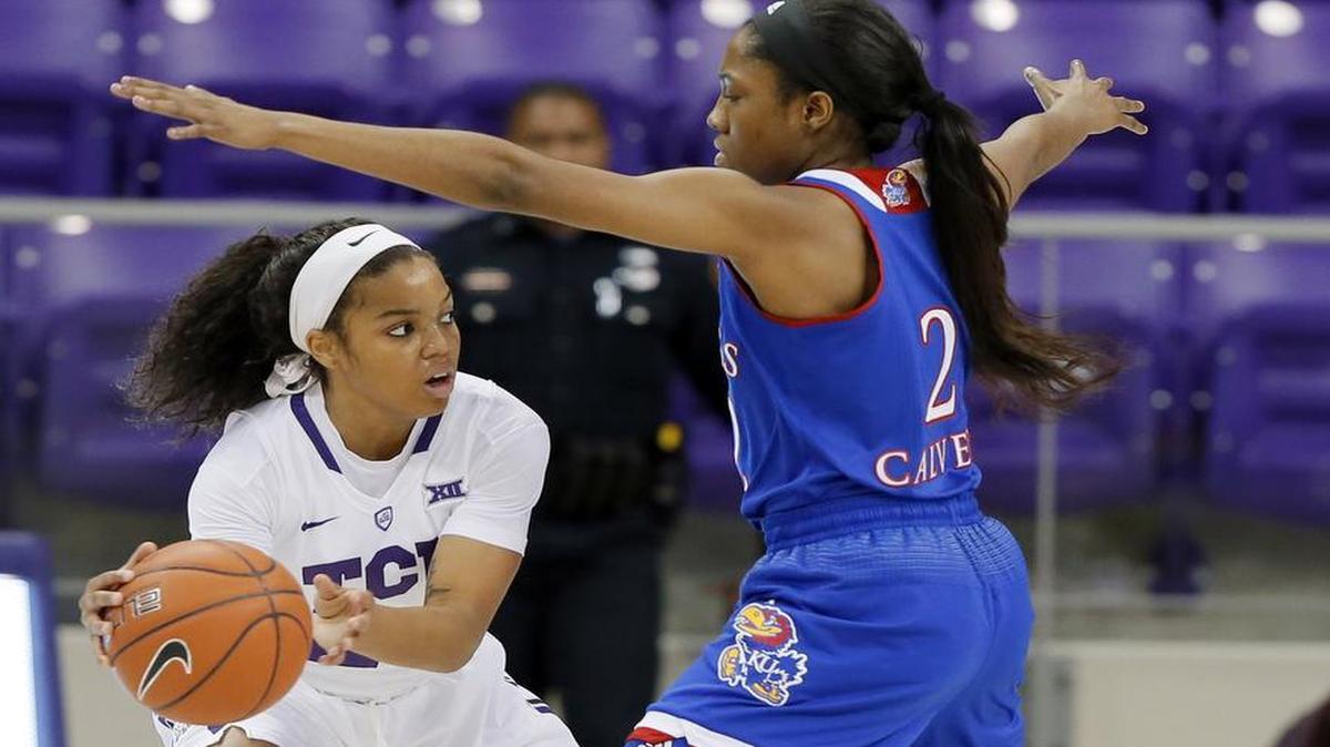 TCU guard AJ Alix, left, looking to make a pass against Kansas’ McKenzie Calvert, led the Horned Frogs with 22 points on 8-of-12 shooting Sunday.