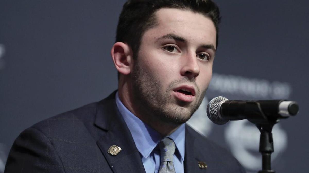 Oklahoma's Baker Mayfield answering questions during a news conference before attending the Heisman Trophy award ceremony Dec. 10 in New York.