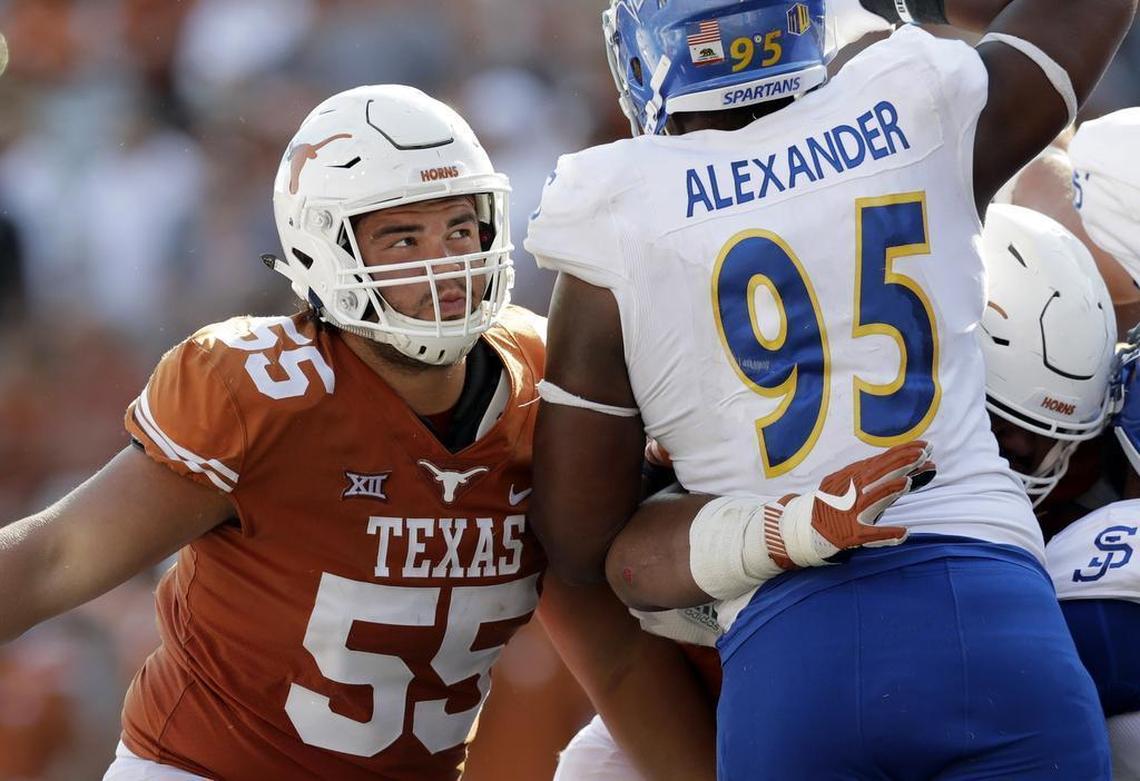 Texas offensive lineman Connor Williams, left, who attended Coppell, blocks during a game against San Jose State in Austin in September. Williams is one of five Texas Longhorns who have declared early for the NFL Draft.