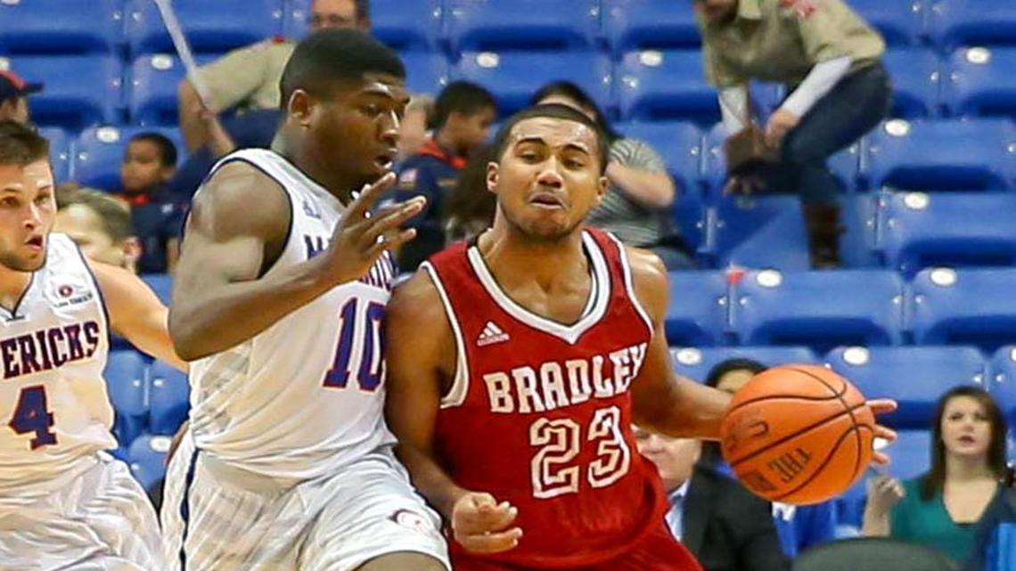 Jalen Jones (10), guarding Bradley’s Dwayne Lautier-Ogunleye earlier this season, was 5-8 on 3-point attempts and scored a career-high 21 points against Troy.