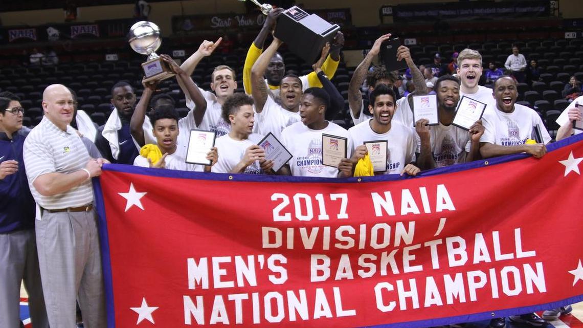 Texas Wesleyan's men's basketball team, shown celebrating its 2017 NAIA tournament championship, was eliminated Thursday in a first-round game of the 2018 tourney.