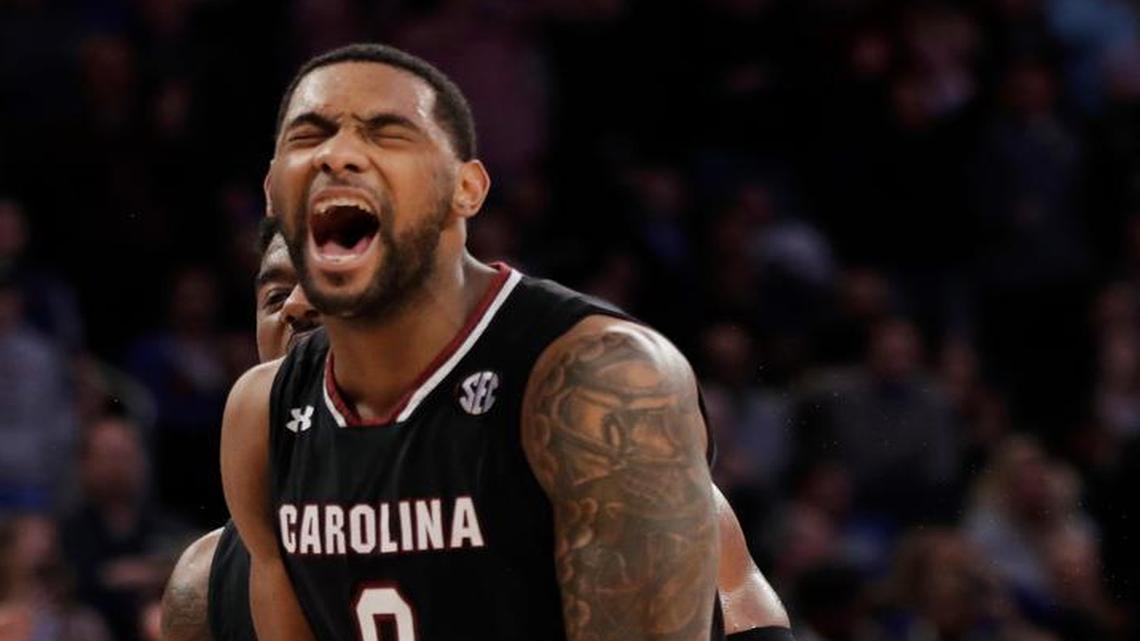 South Carolina guard Sindarius Thornwell (0) reacts after dunking the ball against Florida during the second half of the East Regional championship game of the NCAA men’s college basketball tournament, Sunday in New York. South Carolina won 77-70. (