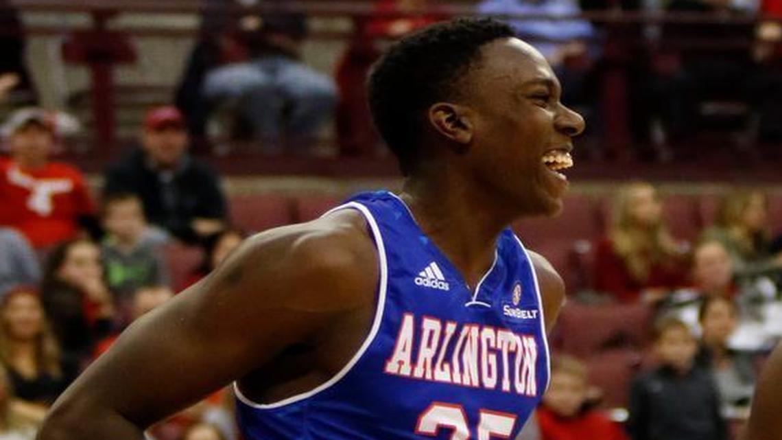UT Arlington’s Kevin Hervey, left, reacts to a 73-68 win as Ohio State’s Jae’Sean Tate looks on in Columbus, Ohio, Friday.