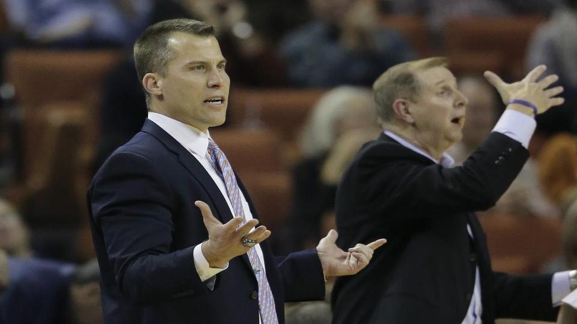 UTA men’s coach Scott Cross, left, became the program’s winningest coach Wednesday as the Mavericks took down two-time defending Sun Belt Conference champion Georgia State 85-70 at College Park Center.