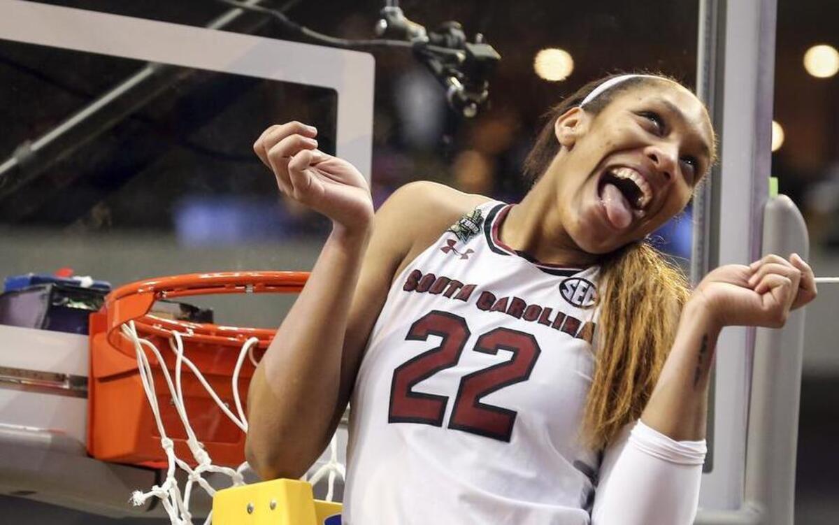 South Carolina Gamecocks forward A’ja Wilson (22) makes a face after cutting off a piece of the net after the 67-55 win over Mississippi State in the NCAA Women’s Basketball Championship at American Airlines Center in Dallas, Sunday, April 2, 2017.