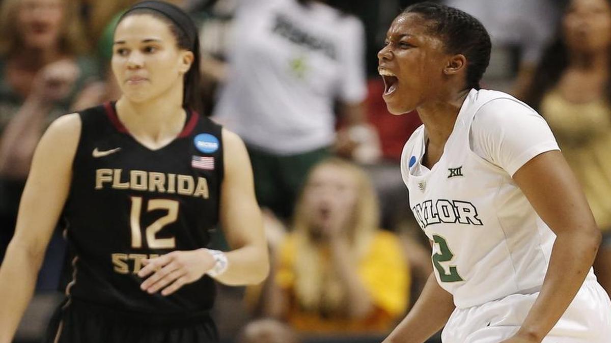 Baylor guard Niya Johnson (2) celebrates a foul as Florida State guard Brittany Brown (12) looks on in the Lady Bears’ 78-58 win on Saturday.