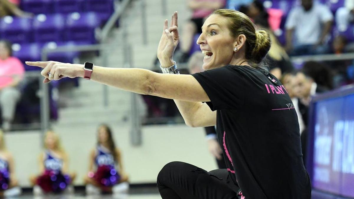 TCU Women’s basketball coach Raegen Pebley directs her team during a game in February 2017.