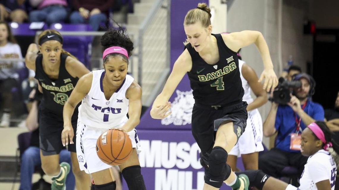 TCU’s Toree Thompson breaks away from Baylor’s Kristy Wallace during a game at Schollmaier Arena in February 2017.