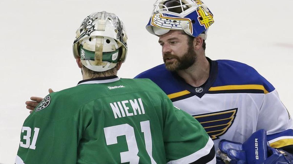 St. Louis Blues goalie Brian Elliott, shaking hands with Dallas Stars goalie Antti Niemi after the Blues’ Game 7 win on Wednesday, will lead the Blues against the San Jose Sharks at 7 p.m. Sunday on NBCSN. It’s Game 1 of the Western Conference Finals. The Blues beat the Stars 6-1 on Wednesday in Dallas.