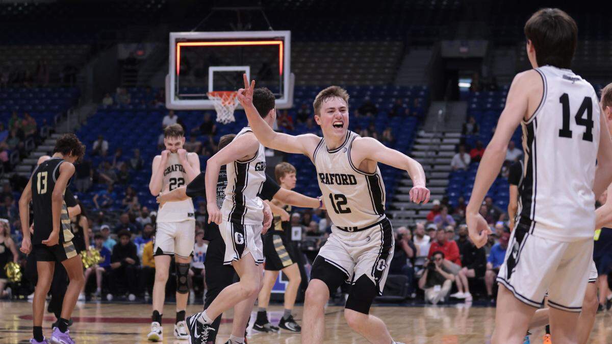 Graford’s Brad Lemley (12) celebrates the Jackrabbits winning their second consecutive UIL Class 1A state title in an overtime thriller over Jayton on Saturday, March 11, 2023 at the Alamodome in San Antonio, Texas.
