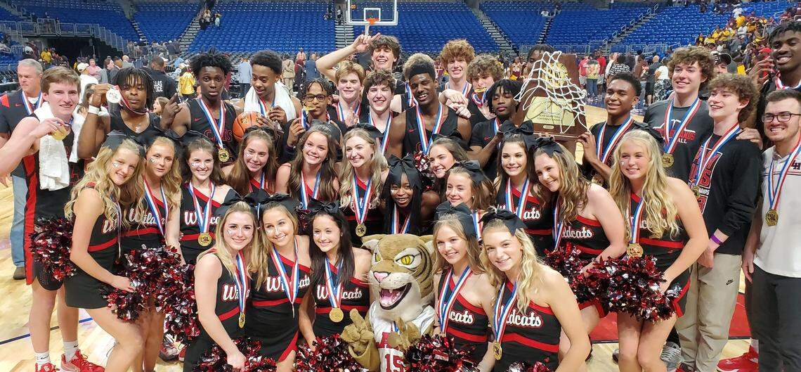 Dallas Lake Highlands players and cheer squad celebrate the Wildcats win over Beaumont United in the Class 6A state championship on Saturday, March 11, 2023 at the Alamodome in San Antonio, Texas.