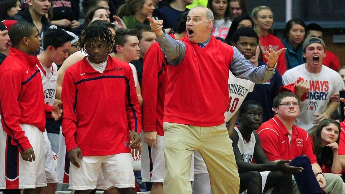 Northwest Texans head coach Mike Hatch after a call during a boys high school basketball game with the Richland Rebels on Tuesday, January 7, 2014.