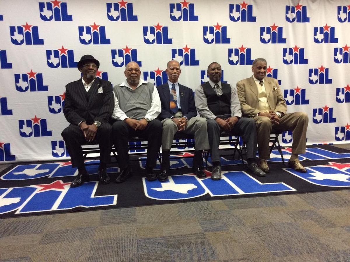 Members of the 1967 PVIL champion I.M. Terrell High School basketball team, from left, Sherman Evans, Dennis Lewis, coach Robert Hughes Sr., Tony Williams and Swarn Lacy.