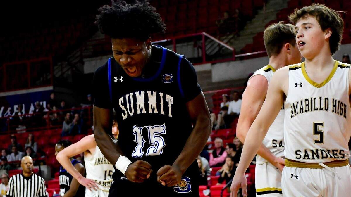 Mansfield Summit’s Richard Lemboye (15) reacts after making a basket and getting fouled during a Class 5A Region I semifinal on Friday, March 3, 2013 at Yeager Coliseum in Wichita Falls, Texas.