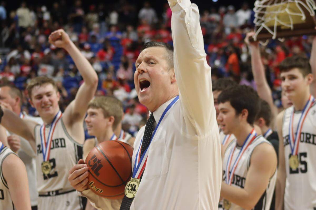 Graford coach Jeff Bell celebrates his Jackrabbits’ win in the UIL Class 1A state championship game on Saturday, March 11, 2023 at the Alamodome in San Antonio, Texas.