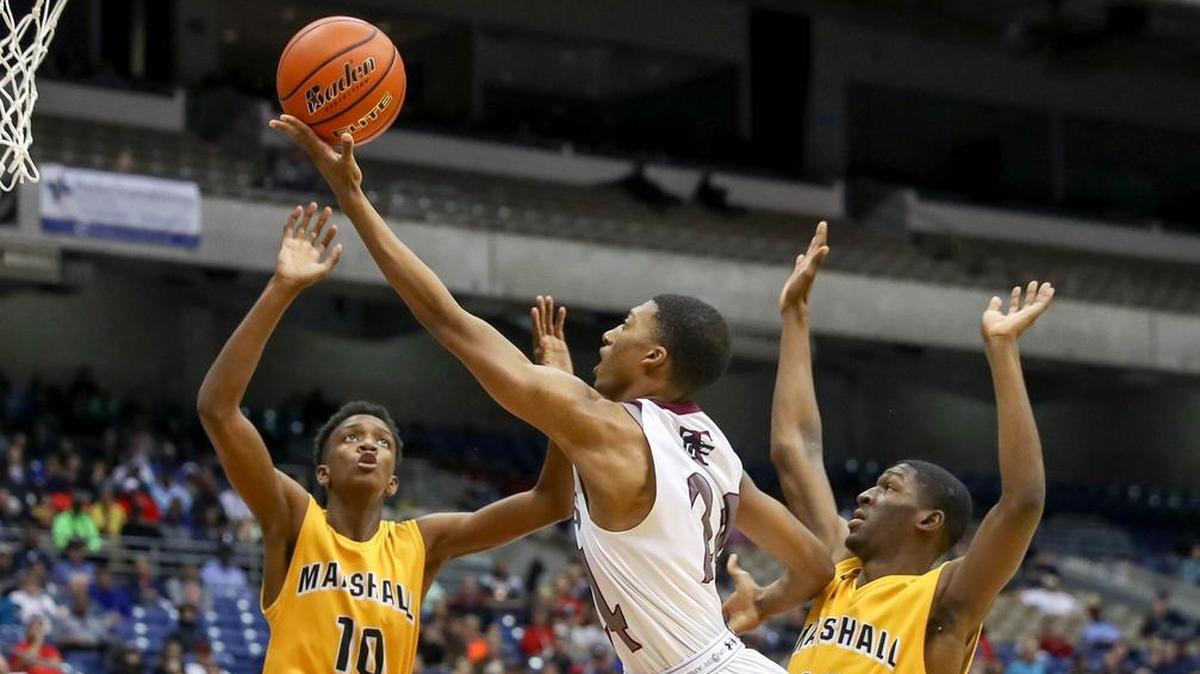 Timberview guard Chris Mullins (24) goes in for a layup against Fort Bend Marshall during the UIL 5A Boys Basketball State Final, March 11, 2017 played at the Alamodome in San Antonio.