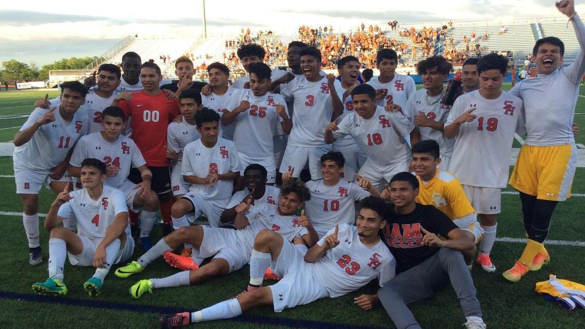 Arlington Sam Houston players celebrate the team’s 2-1 win against Pasadena Dobie, April 14, 2017.