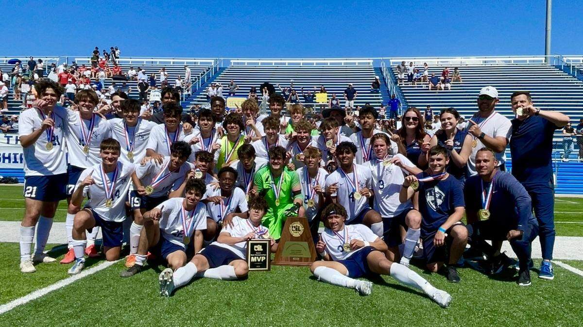 The Frisco Lone Star boys soccer team poses after defeating El Paso Bel Air 4-1 in the Class 5A state championship game on Saturday, April 15, 2023 at Birkelbach Field in Georgetown, Texas.