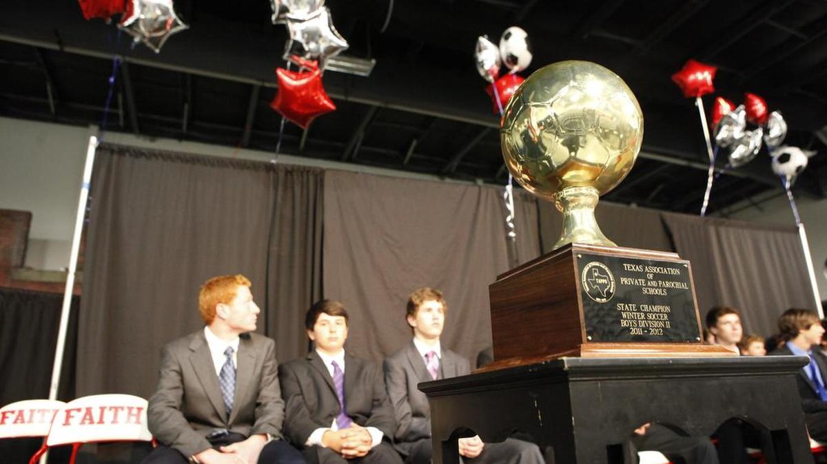 The 2012 TAPPS soccer championship trophy of the Grapevine Faith boys team.