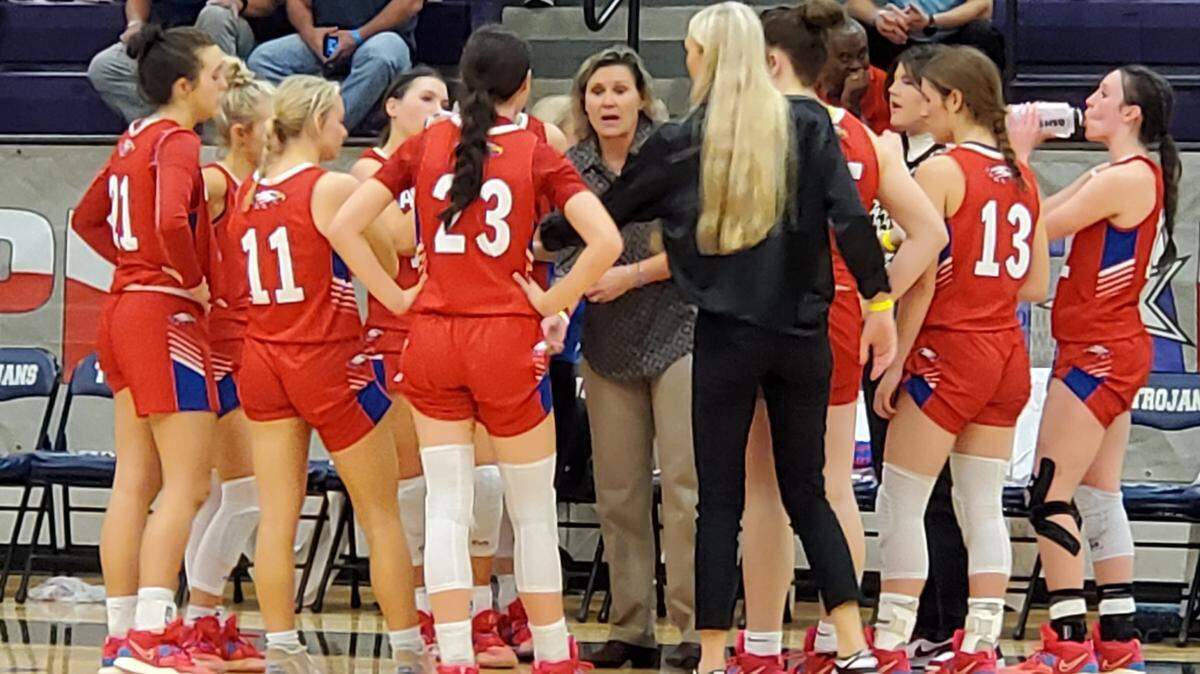 Fort Worth Lake Country Christian coach Rachel James talks to her players during a time out in the third quarter of their TAPPS Class 4A state semifinal against Dallas Christian on Thursday, February 23, 2023 at Waco University High School. Dallas Christian defeated Lake Country 56-41.